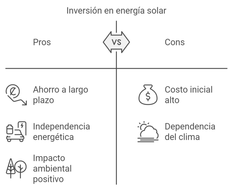 Pros y Contras de la Inversión en Energía Solar: "Comparativa visual que destaca los pros y contras de la inversión en energía solar, como ahorro a largo plazo y dependencia del clima."
